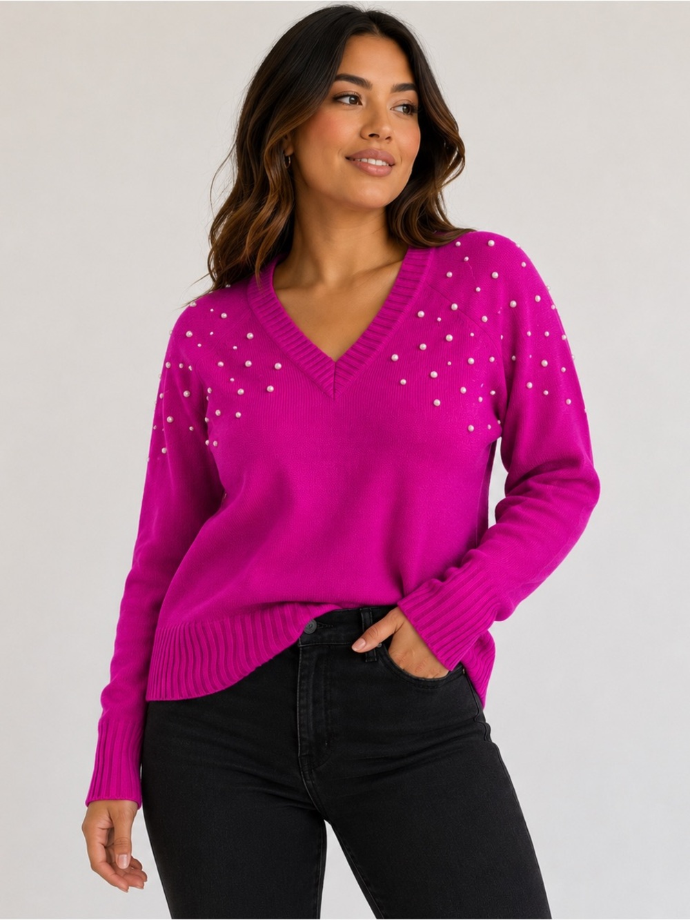 Charter Club Pearl-Studded V-Neck Sweater in Bright Fuchsia